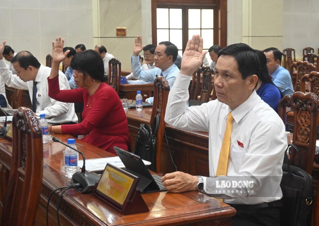 Delegates of the People's Council of Tien Giang province voted to approve the Resolution. Photo: Thanh Nhan