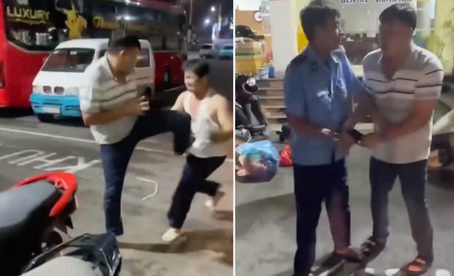Hiện trường vụ việc một nhân viên cầm vật giống súng khi xảy ra xô xát tại Bến xe Đồng Nai. Ảnh cắt từ clip