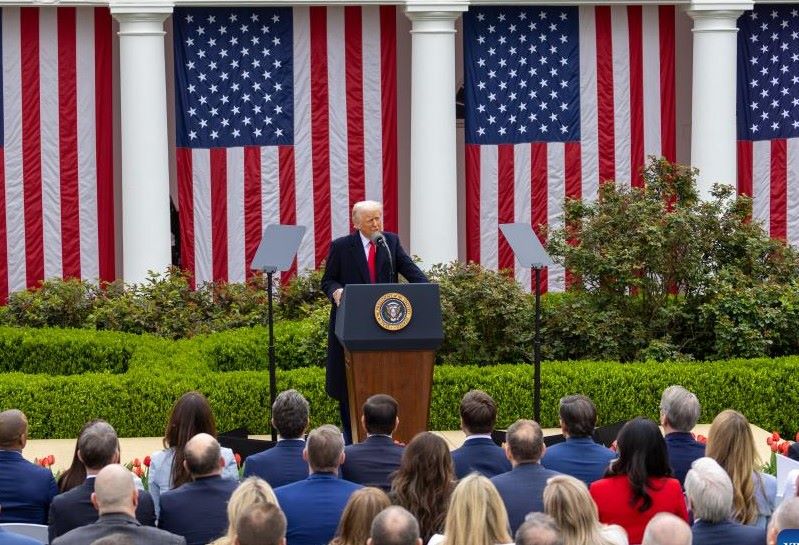 US President Donald Trump announced the counterpart tax rate on April 2, 2025. Photo: Xinhua