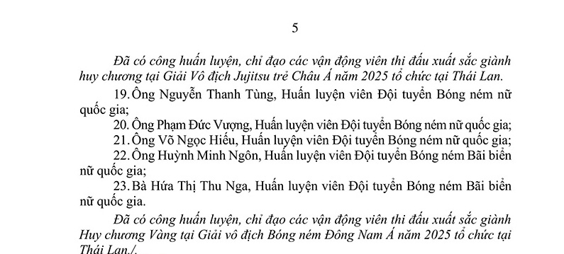 Danh sach van dong vien va huan luyen vien duoc trao bang khen. Anh: Bo VHTTDL