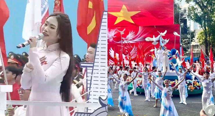 Young artist Phuong My Chi sang in the program Raring the Roses of the Vietnam River. Photo: Anh Tu, cut from a live video.