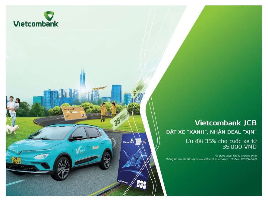 Giam ngay 35% (toi da 35.000 VND) cho cuoc xe co gia tri tu 35.000 VND neu khach hang dat qua ung dung Xanh SM va thanh toan bang the Vietcombank JCB. Anh: Vietcombank