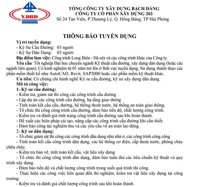 203 Construction Joint Stock Company recruits bridge and road engineers and civil engineers.