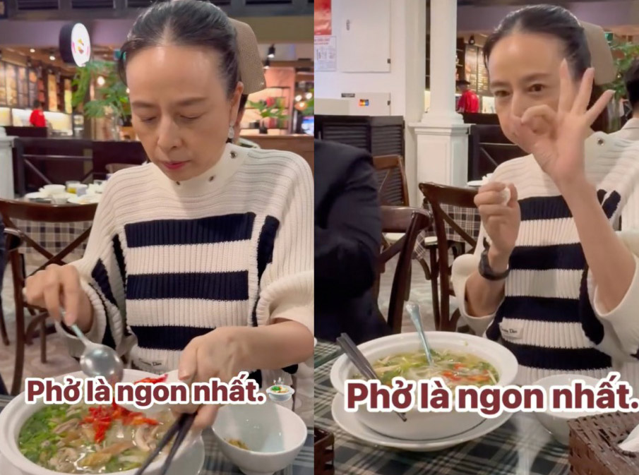 Madam Pang praises Hanoi chicken pho. Screenshot
