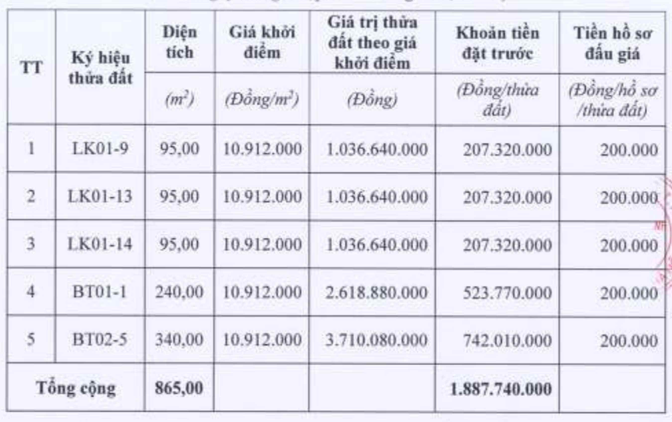 Thong tin cac thua dat trong phien dau gia ngay 19.4. Anh chup man hinh