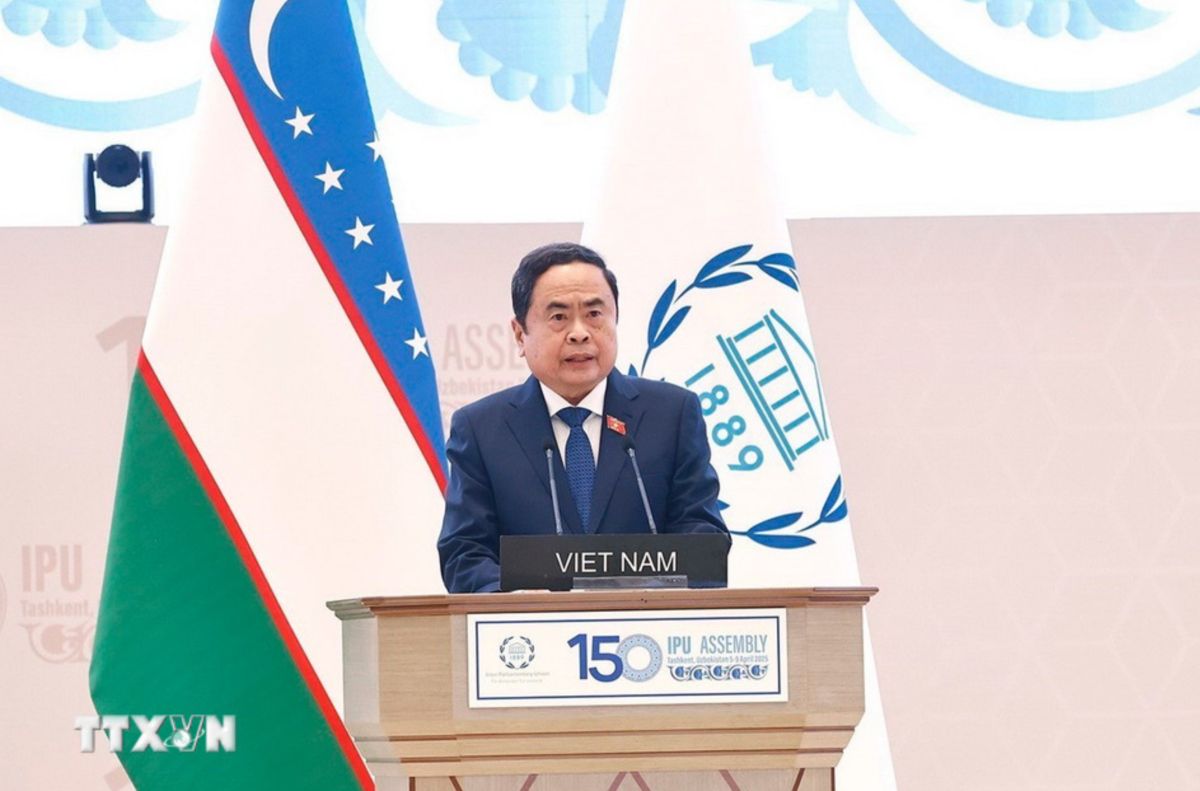 Politburo member and National Assembly Chairman Tran Thanh Man spoke at the General Assembly Discussion Session of IPU-150. Photo: VNA