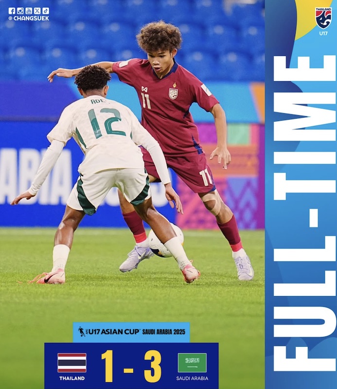 Thailand U17 lost all 2 matches in the first group stage of the 2025 AFC U17 Championship. Photo: Thai Federation of Labor