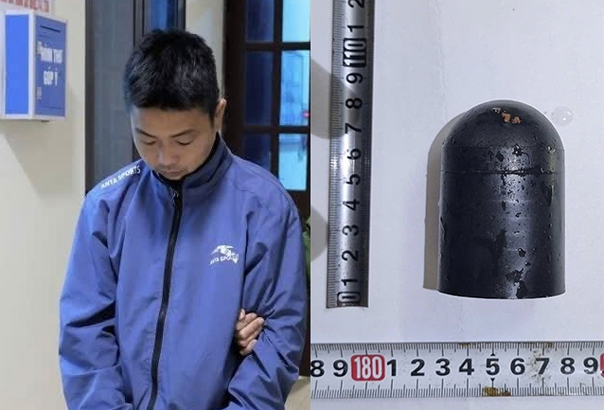 Subject Nguyen Van San and the evidence. Photo: Nam Dinh Provincial Police