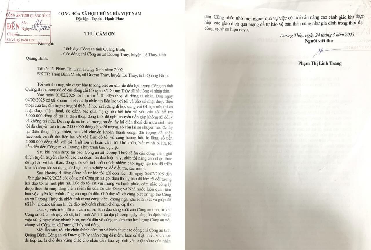 The thank you letter from Ms. Pham Thi Linh Trang sent to the police force. Photo: Quang Binh Police