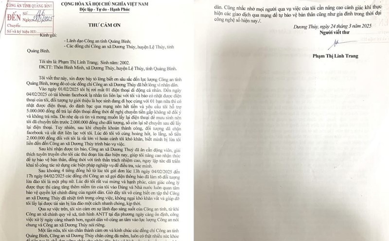 The thank you letter from Ms. Pham Thi Linh Trang sent to the police force. Photo: Quang Binh Police