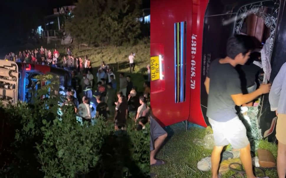 The scene of the passenger bus overturning on National Highway 19C through Binh Dinh, causing 10 casualties. Photo cut from clip