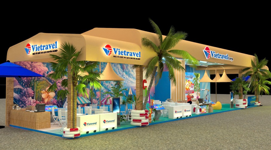 Diseño del stand de Vietravel en la Feria Internacional de Viajes VITM 2025. Imagen de la iglesia catolica
