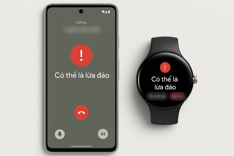 The scam warning feature appears on Pixel Watch. Illustrative photo created by AI