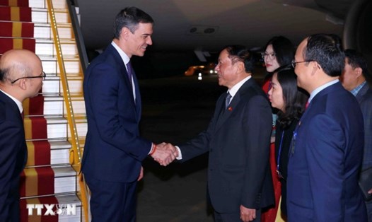 Bộ trưởng Bộ Văn hóa, Thể thao và Du lịch Nguyễn Văn Hùng đón Thủ tướng Tây Ban Nha Pedro Sánchez tại Sân bay Quốc tế Nội Bài, Hà Nội. Ảnh: TTXVN