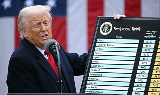 Tổng thống Mỹ Donald Trump công bố mức thuế đối ứng toàn cầu ngày 2.4.2025. Ảnh: AFP