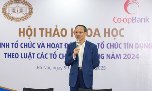 TS Cấn Văn Lực phát biểu tại Hội thảo khoa học hoàn thiện mô hình tổ chức và hoạt động của tổ chức tín dụng là hợp tác xã (TCTD là HTX) theo Luật Các tổ chức tín dụng năm 2024. Ảnh: Anh Giáp