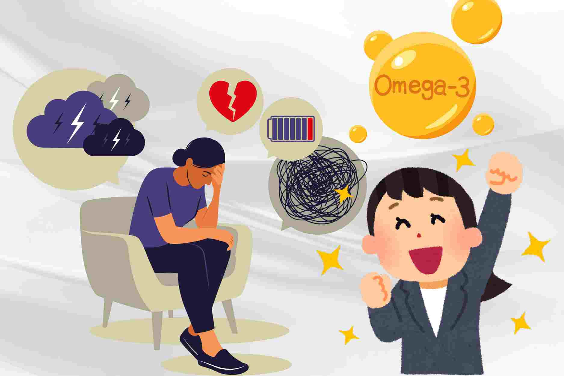 Los omega-3 son la clave natural para vencer la depresion y la ansiedad. El dibujo: