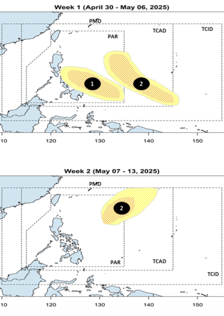 Du bao co 2 con bao hinh thanh gan Bien Dong trong thang 5.2025. Anh: PAGASA 