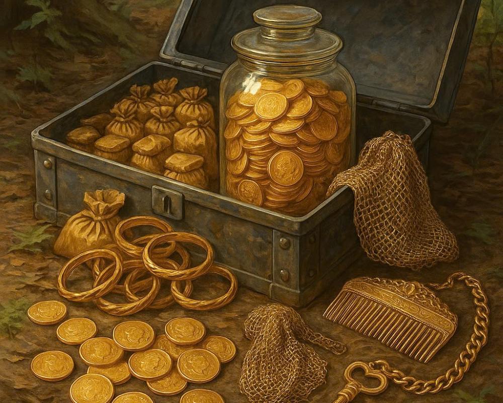 El nuevo tesoro encontrado por dos caminantes en un bosque de la Republica Checa tiene un valor aproximado de 300.000 dolares. Ilustracion creada por la IA