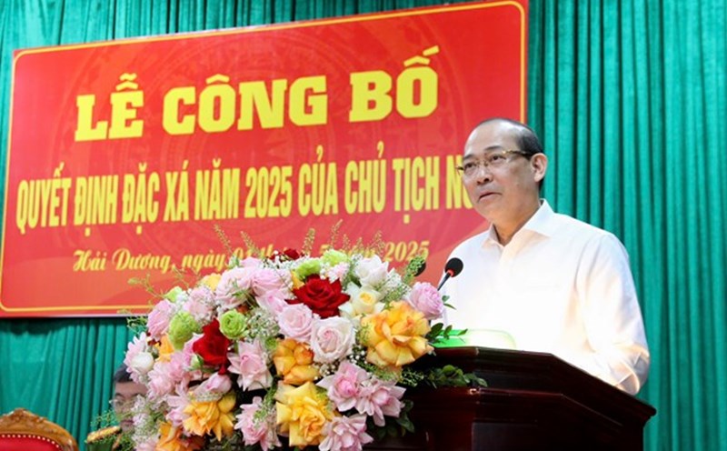 Vice Chairman of the Central Committee of the Vietnam Fatherland Front Hoang Cong Thuy spoke at the Anniversary Ceremony of the special pardon decision. Photo: Mat Tran.org