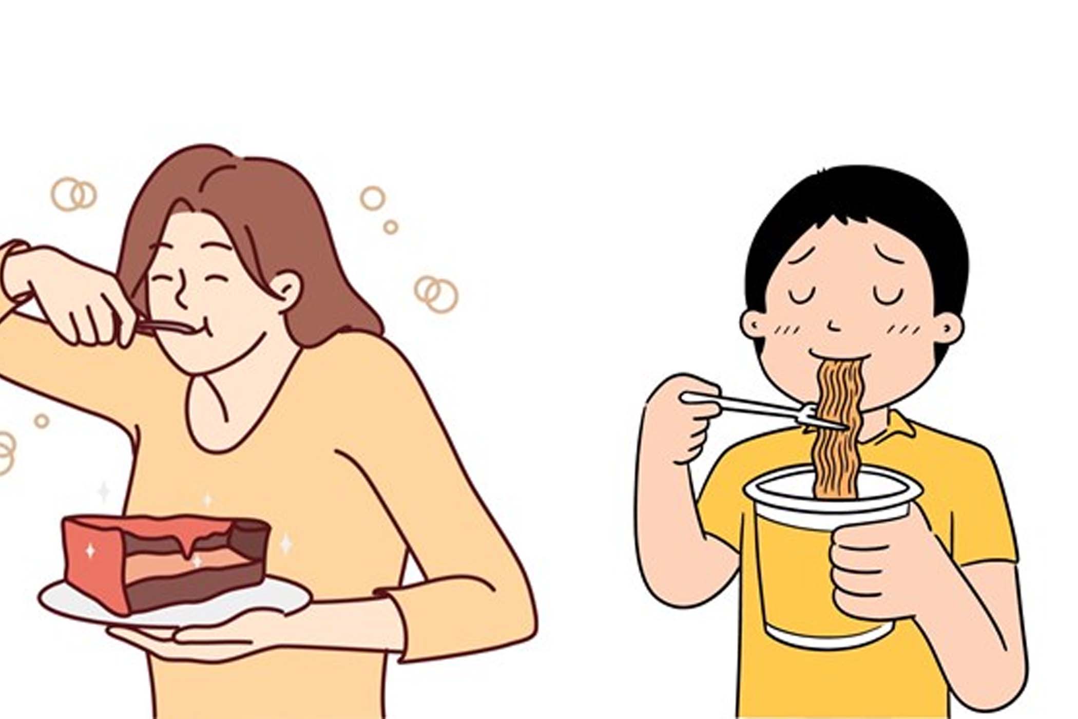 Los habitos de comida rapida que parecen inofensivos son una de las principales causas de muchos problemas digestivos y de salud en general. Diseño por Huong Son