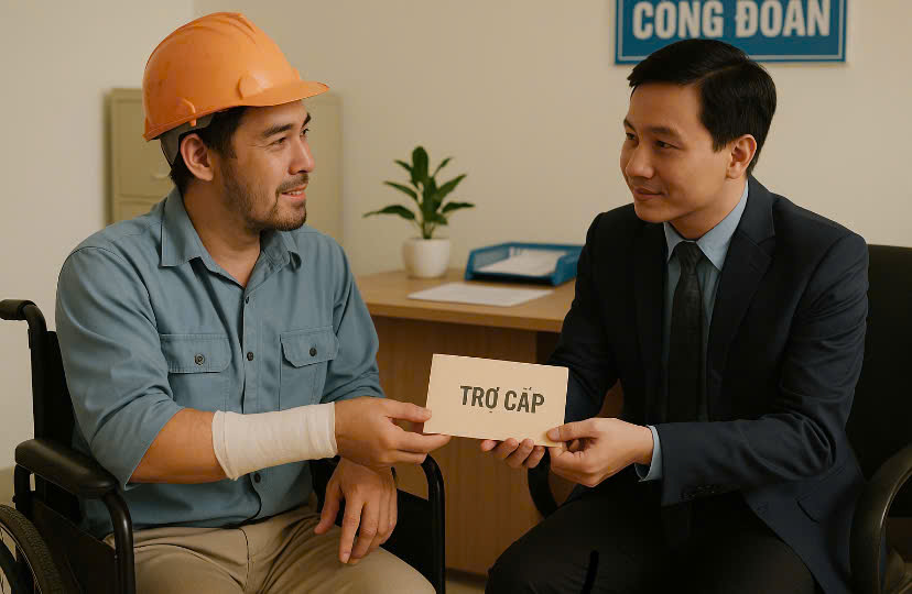 Ayudar a los trabajadores en caso de accidente laboral, enfermedad profesional. Diseño por Hong Jiang