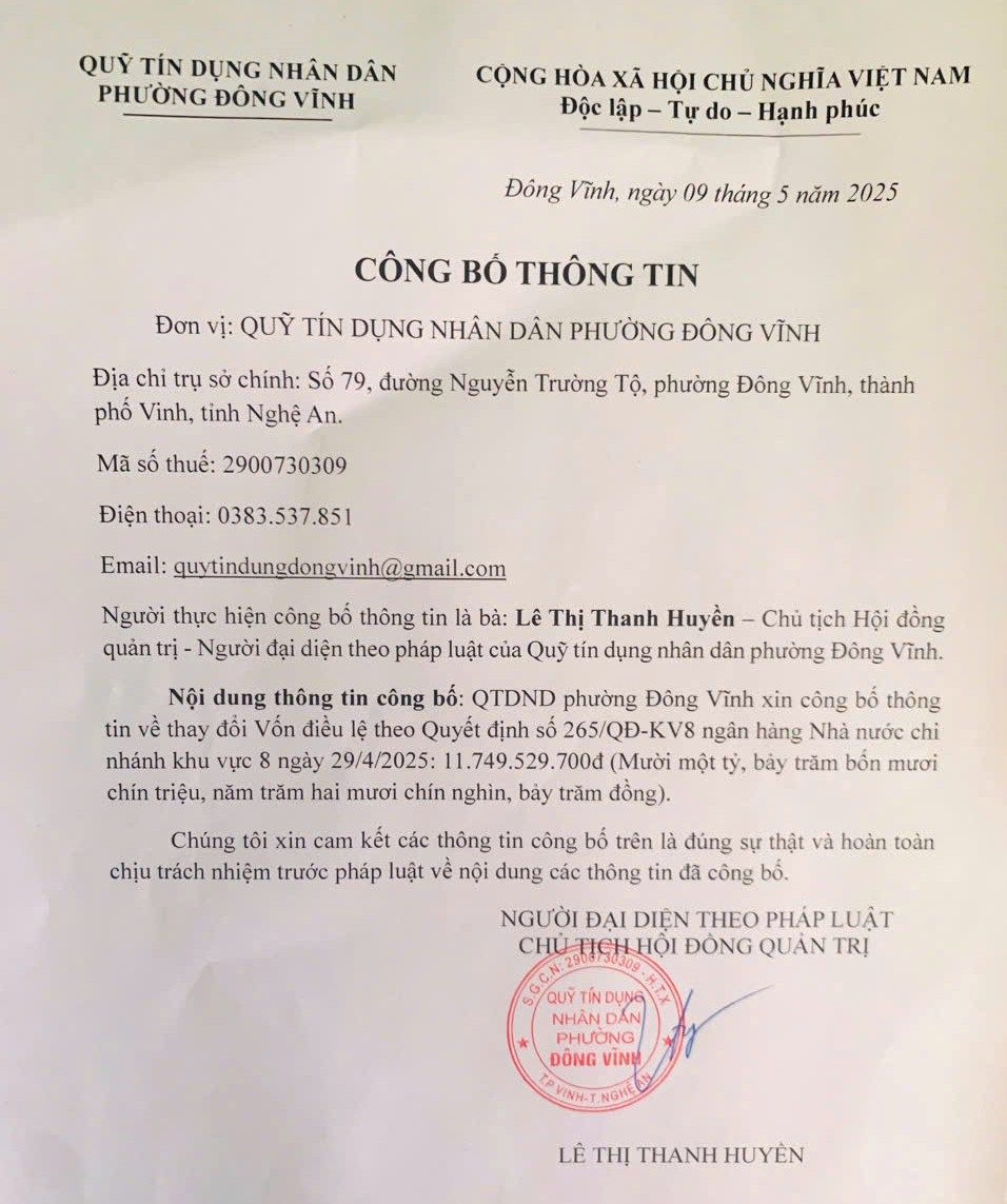 Dong Vinh Ward People's Credit Fund announces a change in charter capital. Photo: Hai Dang