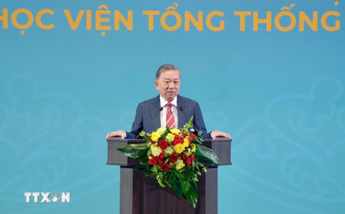 Tổng Bí thư Tô Lâm phát biểu chính sách tại Học viện. Ảnh: TTXVN