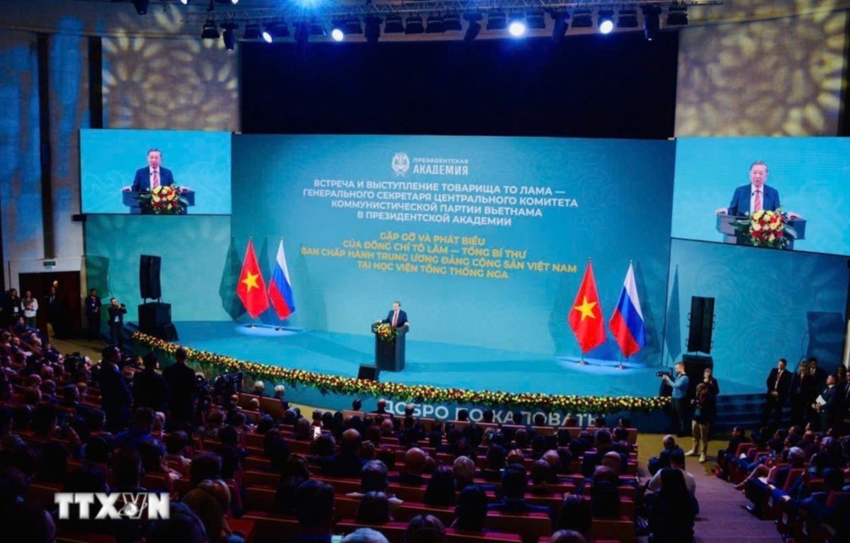 Tổng Bí thư Tô Lâm phát biểu chính sách tại Học viện. Ảnh: TTXVN