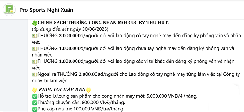 Chính sách thưởng hấp dẫn của Công ty cổ phần May chuyên nghiệp Nghi Xuân. Ảnh: Fanpage công ty. 