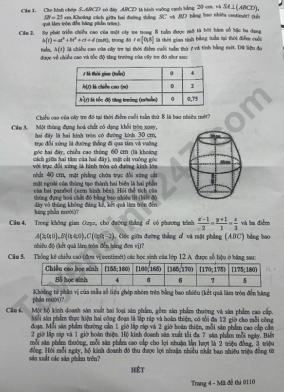 Đề thi thử tốt nghiệp THPT 2025 môn Toán - Sở GDĐT Đồng Nai. Ảnh: Tuyensinh247   
