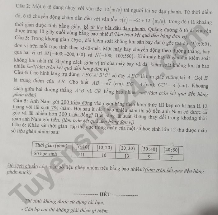 Đề thi thử tốt nghiệp THPT môn Toán năm 2025 - Sở GDĐT Trà Vinh. Ảnh: Tuyensinh247  