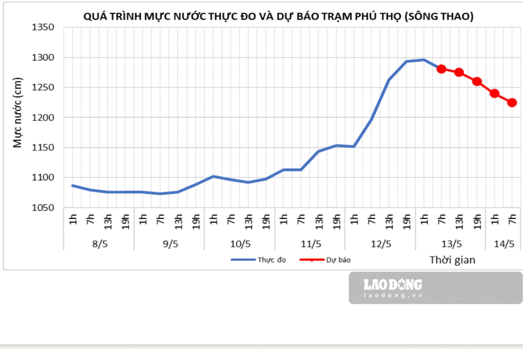Quá trình mực nước thực đo và dự báo tại trạm Phú Thọ. Ảnh: Bản tin.