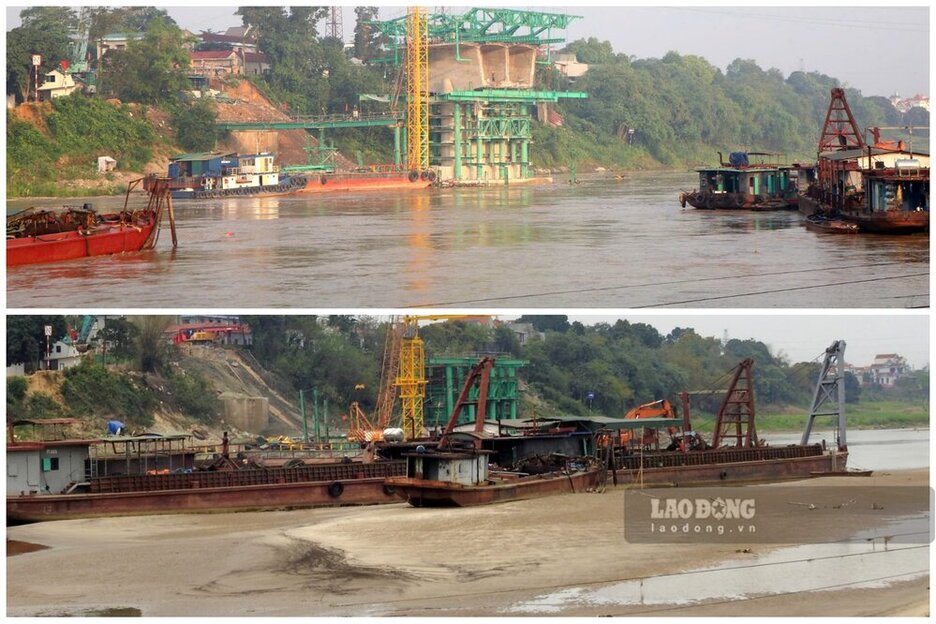 Nước sông dâng cao che lấp cồn cát giữa sông xuất hiện trước đó khi nước cạn. Lúc này, khi các trụ của cầu Phong Châu mới đã thành hình, công tác thi công cầu sẽ được đảm bảo bất chấp sông có lũ những tháng tới. Ảnh: Tô Công.