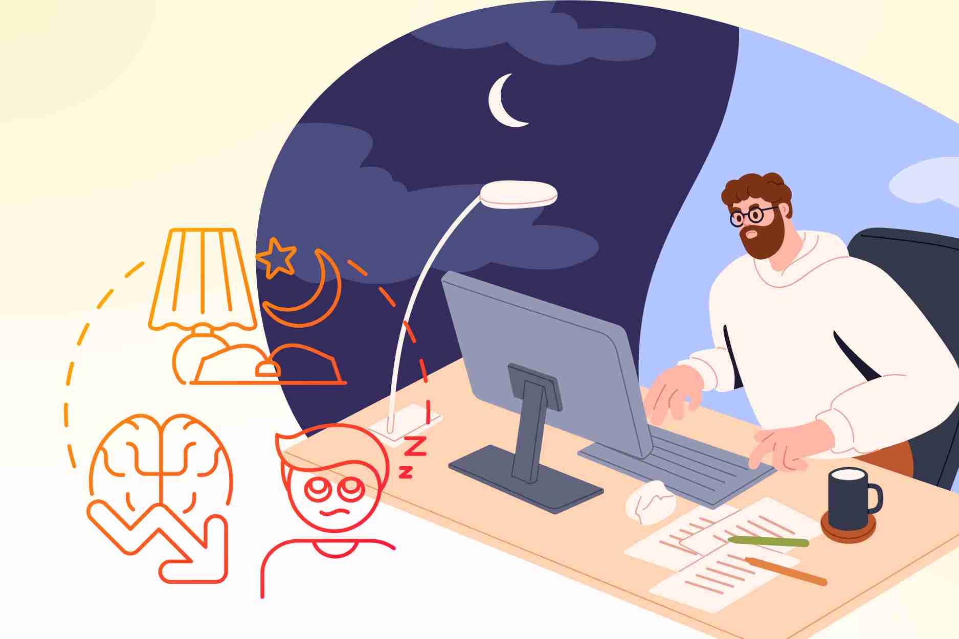 Daño inesperado de no dormir bien, quedarse despierto toda la noche. Grafico: Dinh Dinh