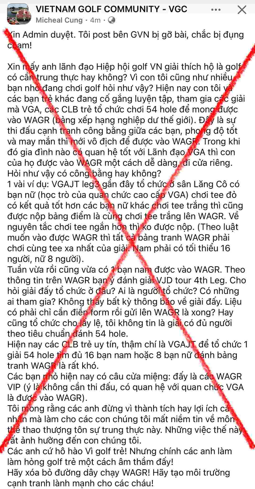 Bai viet an danh nghi van ve tinh cong bang trong viec xet duyet thanh tich de dua vao WAGR gay xon xao cong dong golf. Anh: Chup man hinh