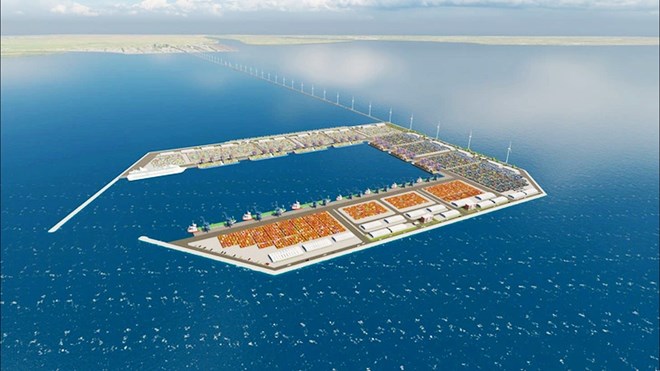 Phối cảnh bến cảng ngoài khơi trong quy hoạch cảng  biển Trần Đề. Ảnh: Đơn vị thiết kế cung cấp.
