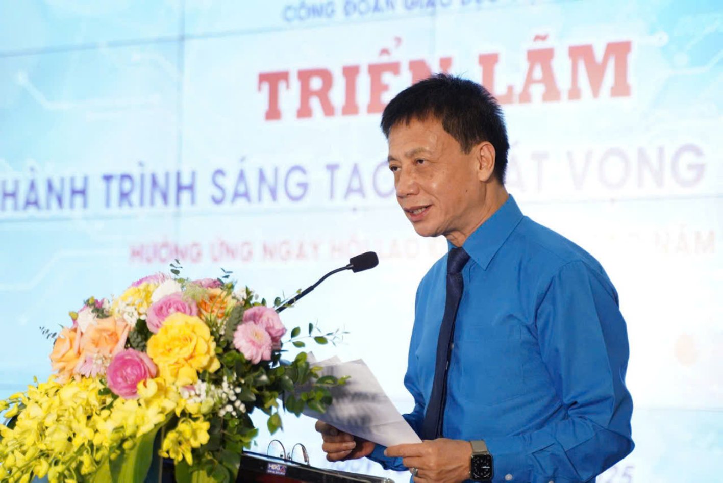 Chủ tịch Công đoàn Giáo dục Việt Nam Nguyễn Ngọc Ân phát biểu tại Ngày hội sáng tạo năm 2025 của ngành giáo dục. Ảnh: Quỳnh Chi