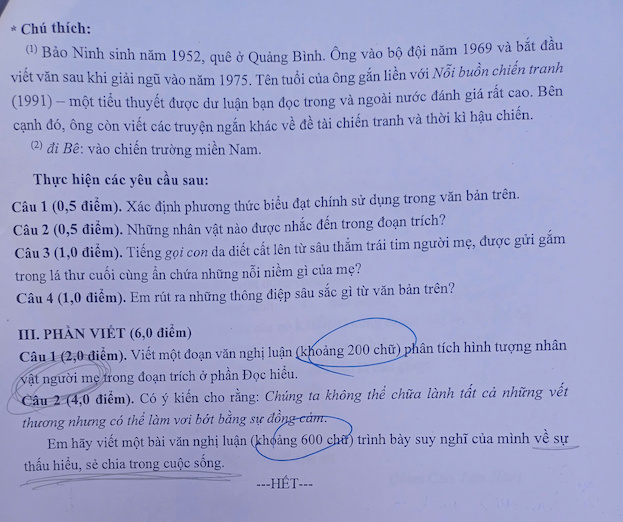 Đề thi môn Ngữ văn (chung), kỳ thi tuyển sinh lớp 10 Trường THPT Chuyên Khoa học Tự nhiên năm 2025. Ảnh: Văn Cương 