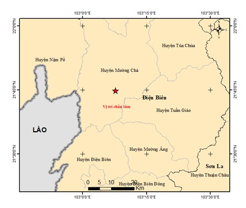 Ví trí chấn tâm động đất. Ảnh: Trung tâm báo tin động đất và cảnh báo sóng thần - Viện Các Khoa học Trái đất.
