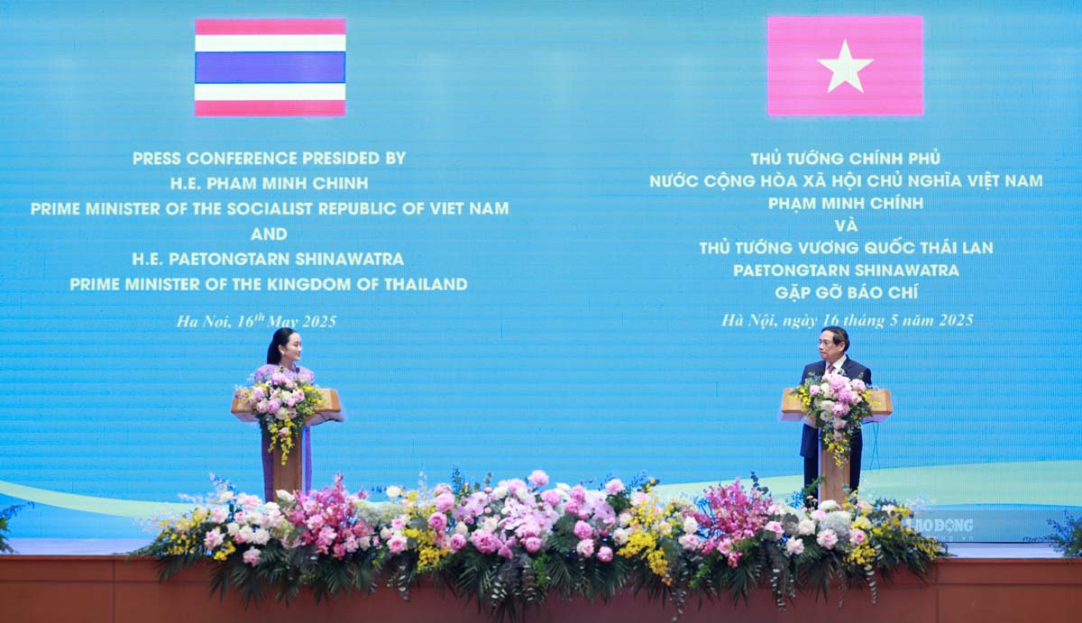 Thu tuong Chinh phu Pham Minh Chinh va Thu tuong Vuong quoc Thai Lan Paetongtarn Shinawatra hop bao. Anh: Hai Nguyen