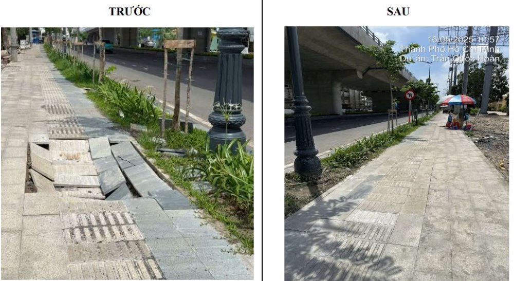 Hiện trường vỉa hè bị sụt lún trước nhà ga T3 sân bay Tân Sơn Nhất trước và sau được khắc phục. Ảnh: Ban Giao thông