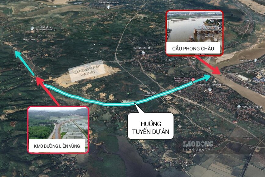 Binh do uoc chung tuyen duong noi tu Km0 duong lien vung toi Quoc lo 32 (khu vuc Trung tam Y te huyen Tam Nong), tu day di thang khoang 400m la toi cau Phong Chau. Do hoa: To Cong.