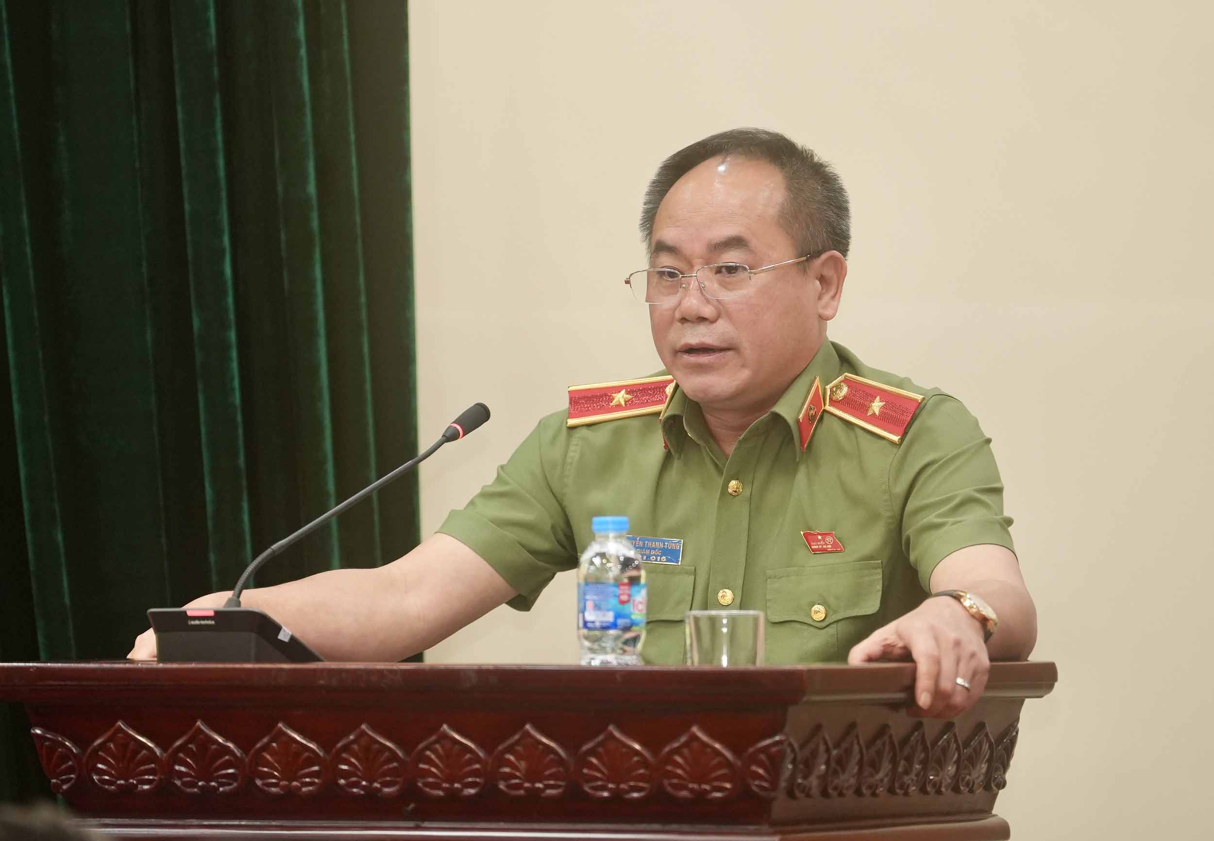 Director of Hanoi Police Nguyen Thanh Tung spoke at the Conference. Photo: Huu Chanh