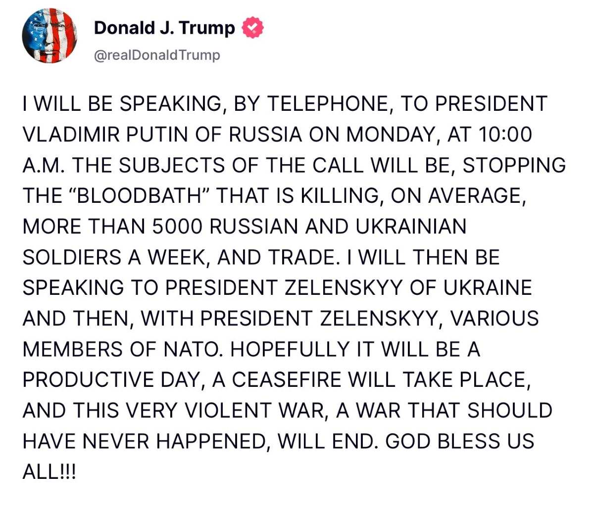 Tong thong Donald Trump viet tren Truth Social, cho biet se noi chuyen qua dien thoai voi Tong thong Nga Putin vao 10h ngay 19.5