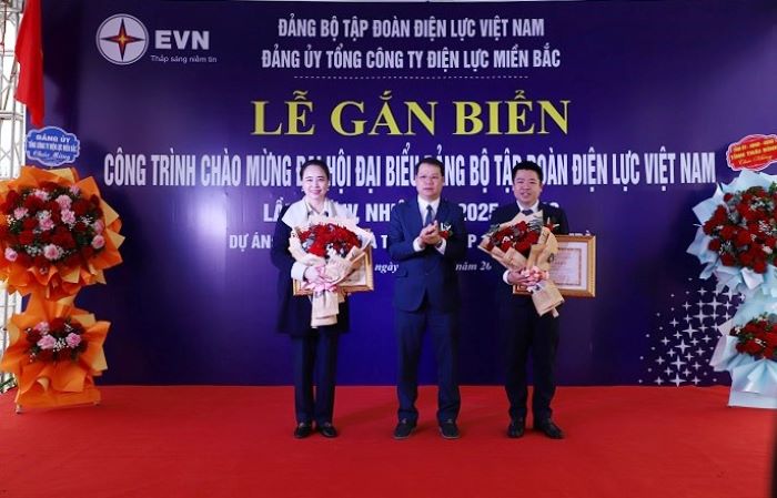 Dong chi Nguyen Manh Hung - Pho Bi thu Tinh uy, Chu tich UBND tinh Thai Binh tang Bang khen UBND tinh cho Tong cong ty Dien luc mien Bac da co thanh tich xuat sac trong thuc thi cong trinh ha tang dien. Anh: EVN