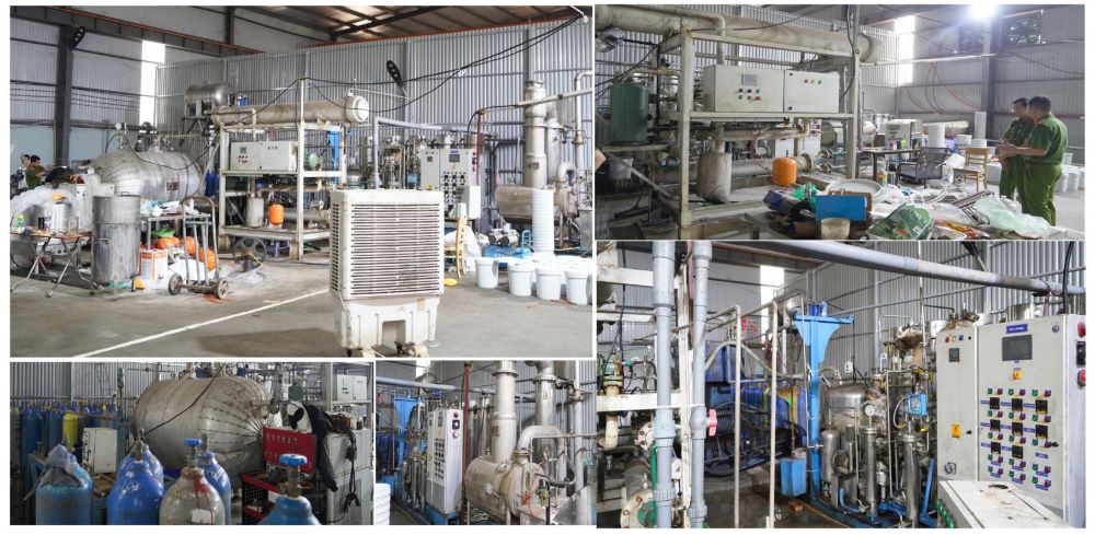 Linea de produccion de gas risa equipada con un sistema de cadena de maquinaria moderna. Foto: Policia de Thanh Hoa