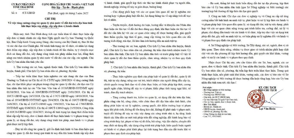 Chỉ thị số 6/CT-UBND ngày 6.5.2025 của UBND tỉnh Thái Bình.