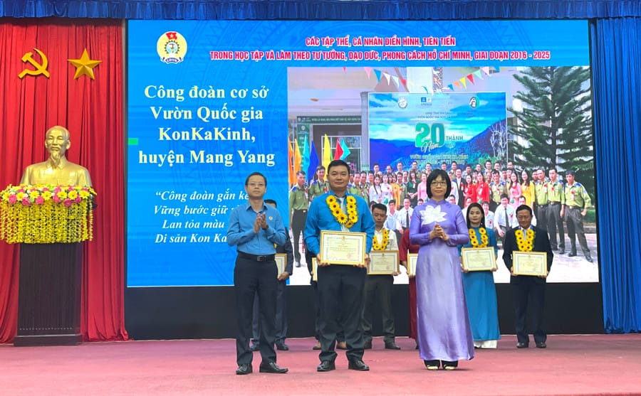 Vicepresidente del Comite Popular de la Provincia de GIA Lai, Nguyen Thi Thanh Lich, y presidente de la Union Laborista de la Provincia de Nguyen Hoang Phong otorgaron certificados de merito a los colectivos con logros sobresalientes en el periodo 2016-2025 en la conferencia. Foto: Lam Nguyen