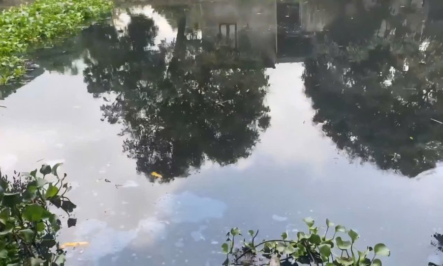 El agua del rio Lanh fluye a traves de Ninh Hoa Commune en negro y apestoso. Foto: Nguyen Truong
